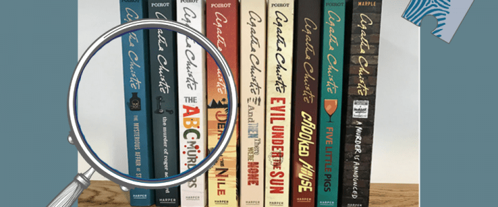 Agatha Christie Books on shelf with magnifying glass