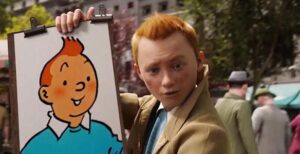Animated Tintin holding a portrait of himself
